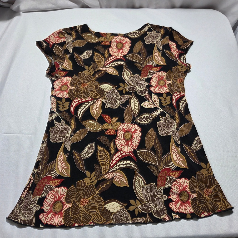 Y2k J.T.B. Floral Surplice Blouse Brown Red Black Empire Waist Stretch Top Large - Picture 4 of 6